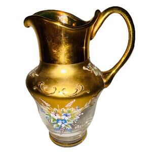 Vintage Glass Floral And Gold Design Pitcher Bohemian Or Czech 6 Inches